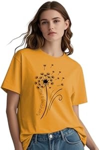 Womens t Shirts Short Sleeve Casual Summer Loose Round Neck Everything is Fine & Dandelion Graphic Tops for Women Hantaostyle