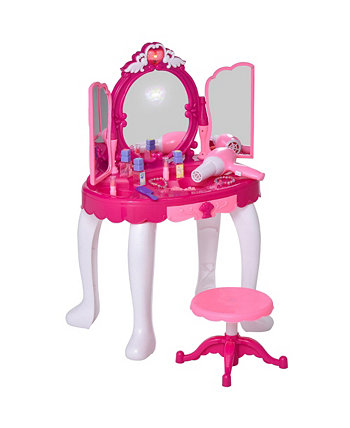 Kids Vanity Setup Table with Remote Control Mirror and Lights, Pink Qaba