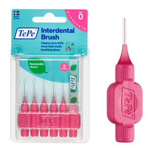 TePe Interdental Brush Original, Soft Dental Brush for Teeth Cleaning, Pack of 6, 0.40 mm, Extra-Small/Small Gaps, Pink, Size 0 TEPE