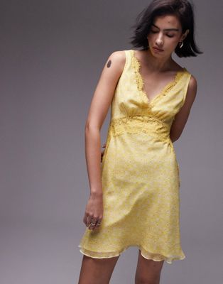 Желтое кружевное мини-платье с цветочным принтом Topshop TOPSHOP