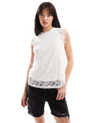 Pieces high neck sleeveless lace top in white Pieces