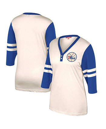 Женская кремовая футболка Philadelphia 76ers Shoot Out с v-образным вырезом и рукавом 3/4 Mitchell & Ness