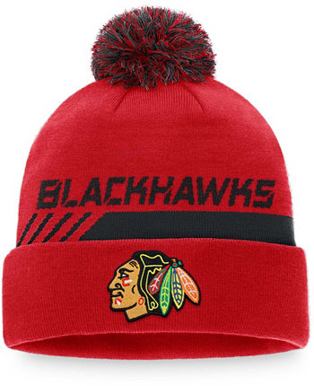 Мужская фирменная красная/черная шапка Chicago Blackhawks Fanatics Authentic Pro Team в раздевалке с манжетами и вязаной шапкой с помпоном Lids