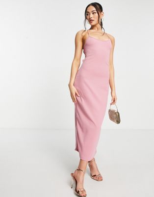 Нежно-розовое платье миди с открытой спиной и бретелями Trendyol TRENDYOL