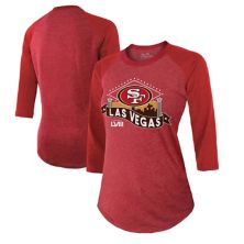 Women's Majestic Threads  Scarlet San Francisco 49ers Super Bowl LVIII Vegas Raglan 3/4-Sleeve Tri-Blend T-Shirt Majestic Threads