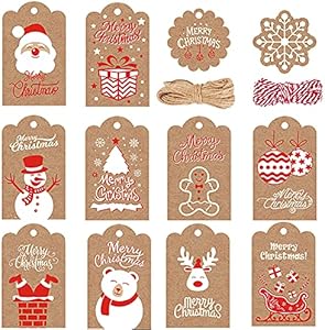 120PCS Christmas Gift Tags Brown Kraft Paper Gift Tags Snowflake Reindeer Xmas Hanging Labels Tags with 32.8 Feet Jute Twine String for Christmas Holiday Present Wrap TrlaFy