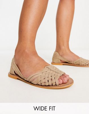 Серо-коричневые кожаные плетеные сандалии на плоской подошве ASOS DESIGN Wide Fit Francisco ASOS DESIGN