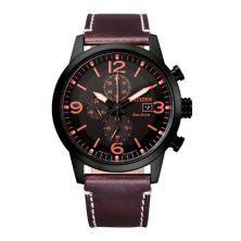 Мужские часы Citizen Eco-Drive с черным хронографом из нержавеющей стали и коричневым кожаным ремешком Citizen