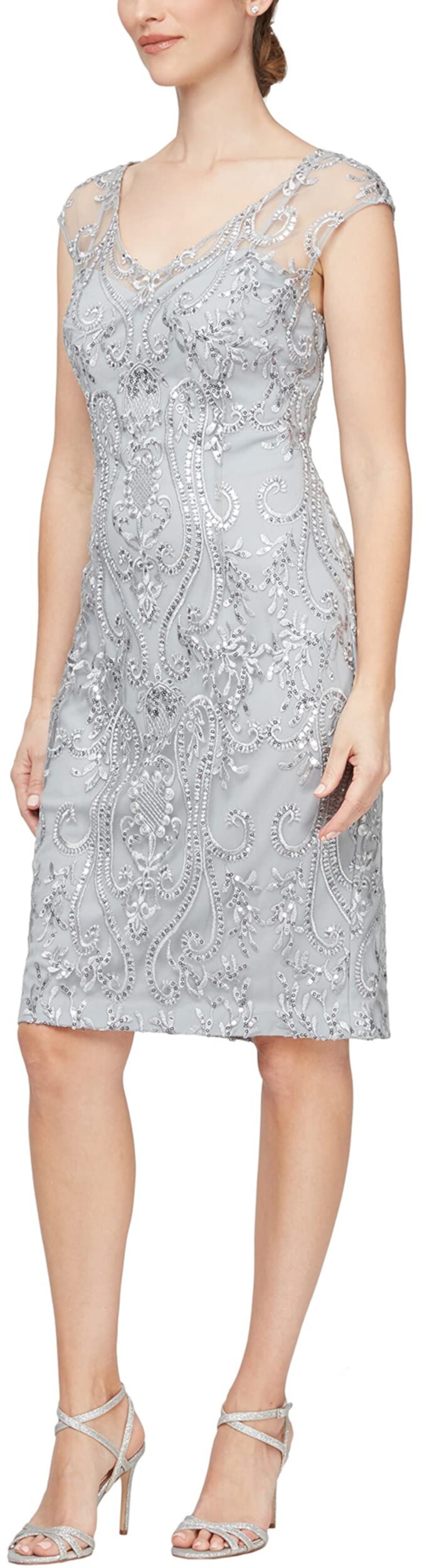 Short Embroidered Dress with Illusion Neckline Alex Evenings