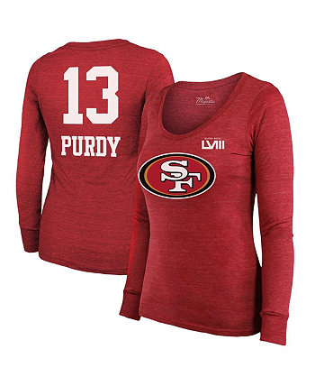 Женские нитки Brock Purdy Scarlet San Francisco 49ers Super Bowl LVIII, футболка с именем и номером Tri-Blend с длинными рукавами Majestic