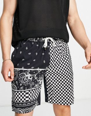 Mennace woven shorts in black with patchwork paisley print - part of a set Mennace