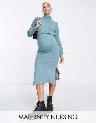 Бирюзовое трикотажное платье миди с воротником-стойкой для кормящих мам Mamalicious MAMALICIOUS