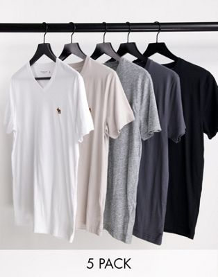 Набор из 5 футболок белого/бежевого/серого/черного цвета с V-образным вырезом и объемным логотипом Abercrombie & Fitch Abercrombie & Fitch