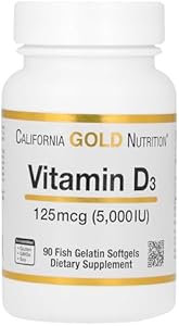 Vitamin D3 Supplement by California Gold Nutrition - Support for Healthy Bones & Teeth - Immune System Support - Gluten Free, Non-GMO - 125 mcg (5,000 IU) - 90 Fish Gelatin Softgels (Мягкие капсулы) California Gold Nutrition