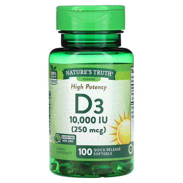 Высокоэффективный витамин D3, 250 мкг (10 000 МЕ), 100 мягких капсул с быстрым высвобождением Nature's Truth