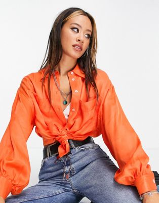 Атласная элегантная рубашка с карманами оранжевого цвета TOPSHOP