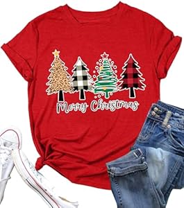 Christmas Tree Shirt for Women Merry Christmas Printed T-Shirts Short Sleeve Holiday Tee Xmas Gift Tops PECHAR