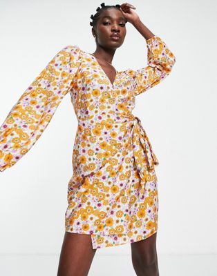 Envii mini wrap dress with balloon sleeves in retro sunflower print Envii