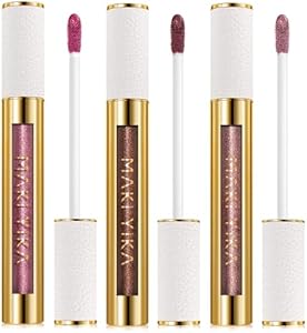 MAKI YIKA 3Pc Metallic Lipstick Long Lasting Pink Brown Nude Glitter Lipsticks High Shine Lipstick No Smudge No Transfer Liquid Lip Gloss (Pink/Nude/Brown) MAKI YIKA