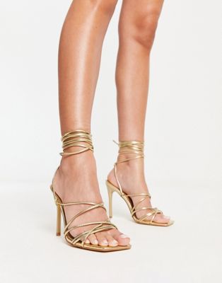Truffle Collection Wide Fit tie leg square toe heeled sandals in gold Truffle Collection Wide Fit