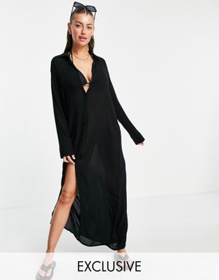 Esmee Exclusive maxi beach shirt summer dress in black  Esmée