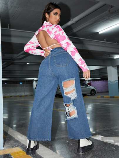 размера плюс Рваные широкие джинсы с высокой талией SHEIN