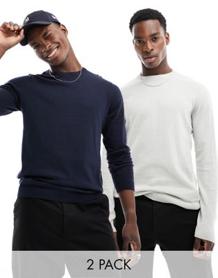 Комплект из двух вязаных свитеров с круглым вырезом ASOS DESIGN Essential светло-серого и темно-синего цвета ASOS DESIGN