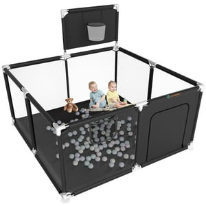 Baby Playpen, Outdoor Play Yard, Portable Play Yard 4-Panel- Baby Safety Playpen for Infant Toddler with Basketball Hoop,Black Novashion