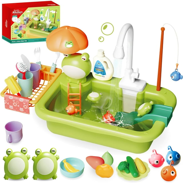 Play Sink with Running Water, Toy Choi's Kitchen Sink Toys with Automatic Water Cycle System, Kids Pretend Play-Dishwasher Play Set for Boys Girls Toddlers 1 2 3 + Years, Green Toy Choi's