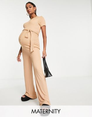 Missguided Maternity wide leg jumpsuit with short sleeve in camel Missguided Maternity