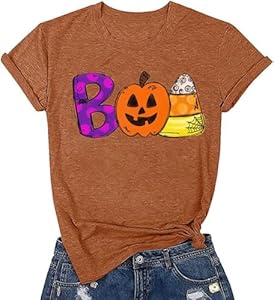 Womens Fall Pumpkin T-Shirts Funny Short Sleeve Halloween Graphic Tees Tops EIGIAGWNG