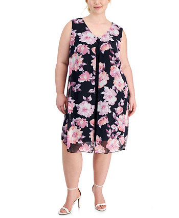 Plus Size Sleeveless Printed Overlay Dress Connected