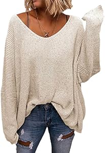 BZB Women's V Neck Long Sleeve Knit Loose Oversized Pullover Sweater Top BZB