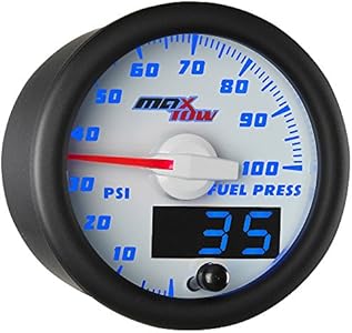 MaxTow Double Vision 100 PSI Fuel Pressure Gauge Kit - Includes Electronic Sensor - White Gauge Face - Blue LED Illuminated Dial - Analog & Digital Readouts - for Trucks - 2-1/16" 52mm MaxTow