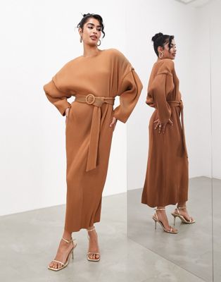 Светло-коричневое плиссированное платье миди с длинными рукавами и поясом ASOS EDITION ASOS EDITION
