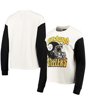 Женский черный свитшот-пуловер с контрастными рукавами кремового цвета Pittsburgh Steelers Junk Food
