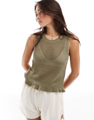 JDY open knit frilled top in olive JDY