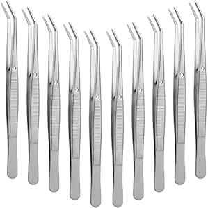 Stainless Steel Tweezers with Curved Serrated Tip Multipurpose Tweezers Sewing Machine Tweezers Forceps Tweezers for Craft, Silver (10) Honoson