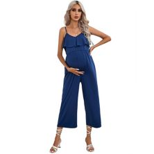 Women's Maternity Jumpsuit V Neck Sleeveless Summer Casual Ruffle High Waisted Loose Romper MISSKY