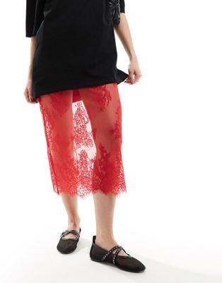 Basic Pleasure Mode eyelash lace midi skirt in red Basic Pleasure Mode