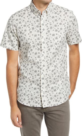 Рубашка из эластичного хлопка и льна на пуговицах с короткими рукавами и цветочным принтом Nordstrom NORDSTROM MENS SHOP