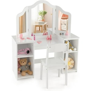 Pink  Vanity   Princess Dressing  with Tri-Folding Mirror  Open  Shelves &amp; 4 Boxes  Toddler Wooden   &amp; Chair Set  Pretend Play Vanity Set for Girls (Pink) En