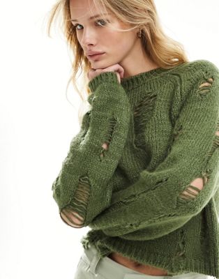 Укороченный хлопковый свитер цвета хаки с косой лесенкой ASOS DESIGN ASOS DESIGN