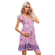 Womens Maternity Summer Dress Ruffle Cap Sleeveless V Neck Floral Boho Midi Dress With Pockets MISSKY