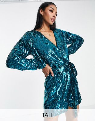 In The Style Tall exclusive sequin wrap detail belted romper in blue In The Style Tall