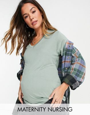 ASOS DESIGN Maternity nursing v neck t-shirt in khaki ASOS Maternity - Nursing