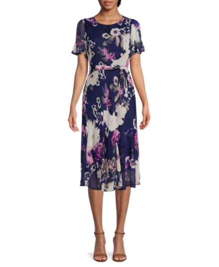 Платье миди с поясом и цветочным принтом DKNY