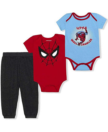 Комплект из трех предметов: боди и брюки-джоггеры с изображением Человека-паука для маленьких мальчиков и девочек: красный, голубой, вересковый черный Children's Apparel Network