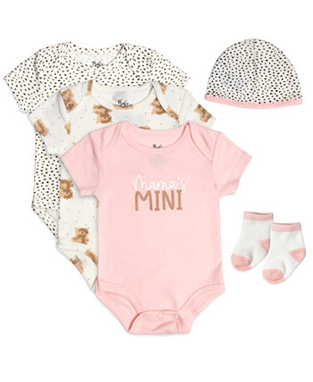 Baby Girls Mama's Mini Bodysuits, Cap & Socks, 5 Piece Set Baby Essentials