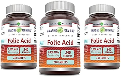 Amazing Formulas Folic Acid 1000 Mcg (1 Mg) 240 Tablets Supplement | Vitamin B9 | Non-GMO | Gluten Free | Made in USA Amazing Nutrition